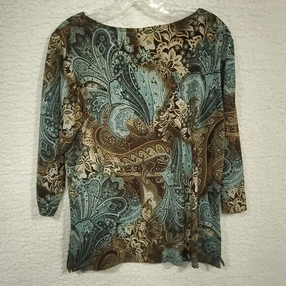 Coldwater Creek  Blouse Blue Brown Cream Paisley-3/4 Sleeves-Round Neck Sz PM - Picture 2 of 12